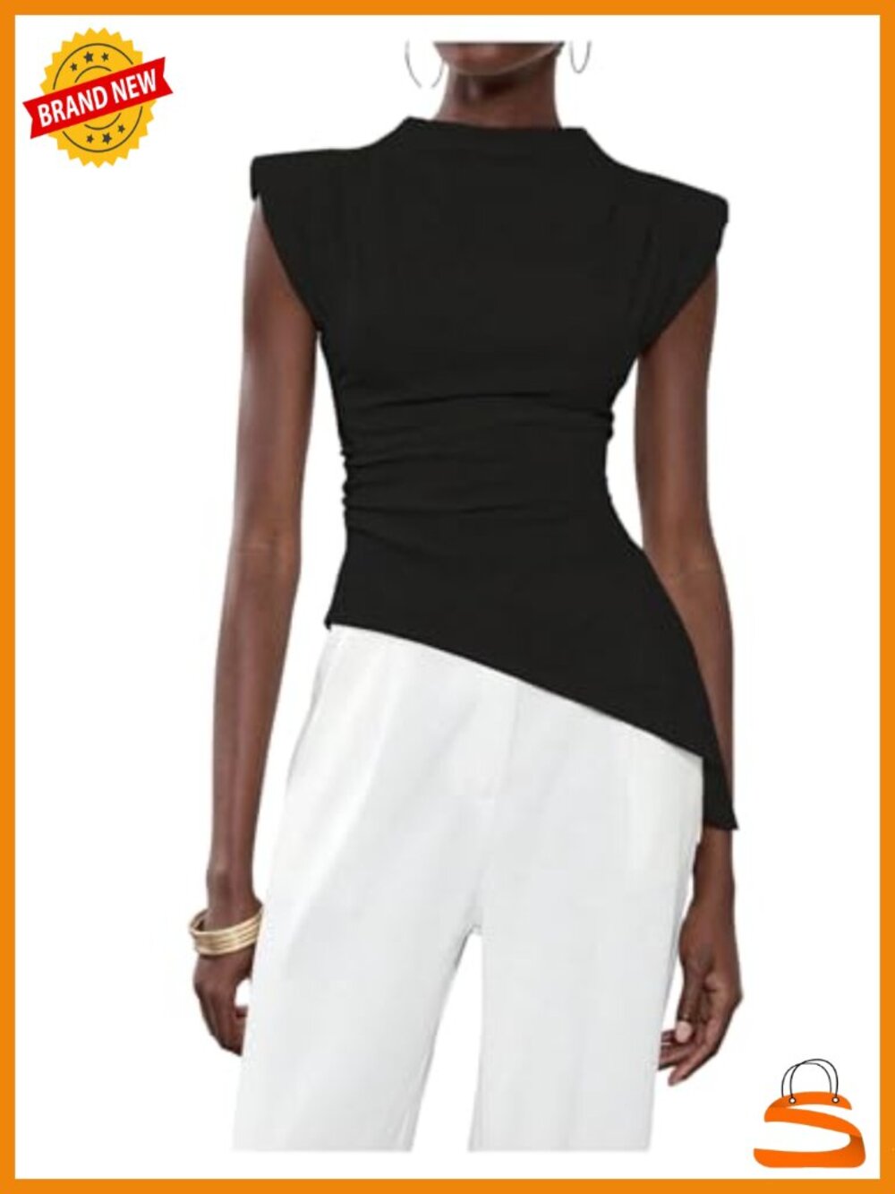 Asymmetrical Ruched Mock Neck Shoulder Pad Fitted T-Shirt